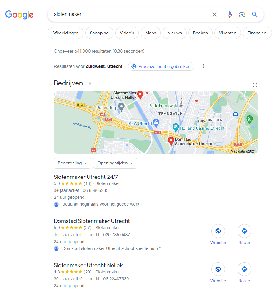 Local seo slotenmaker zoekopdracht voorbeeld