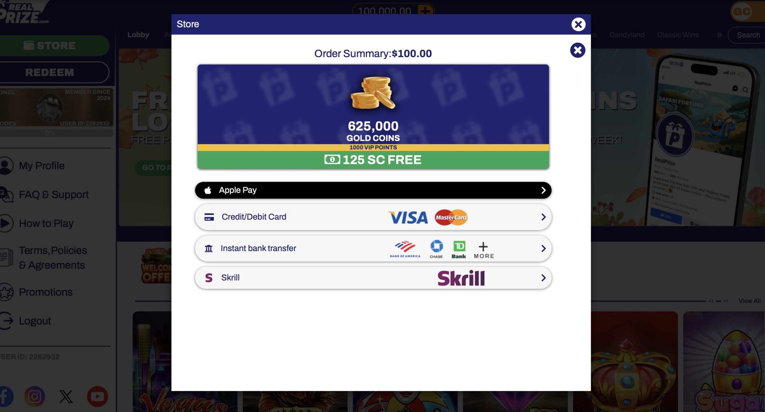 Real Prize Casino Payment Options